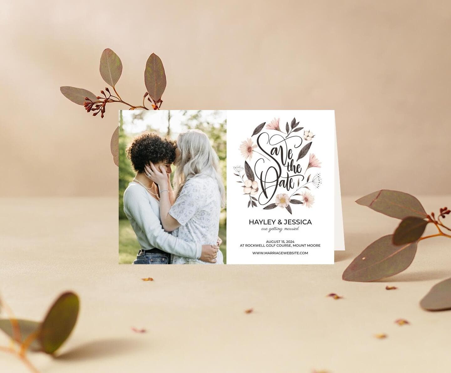 Floral calligraphy Save The Date Card