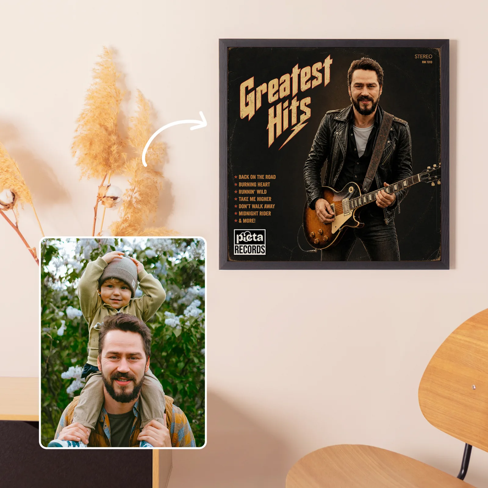 A Dad Album cover made from a photo, framed on a wall