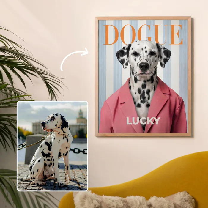 A Pet Poster made from a photo, framed on a wall