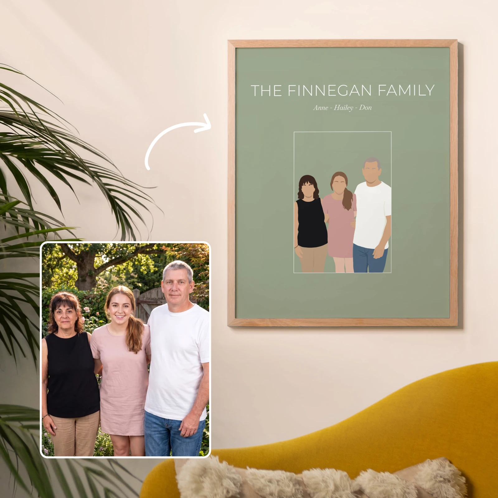 An illustrative poster of a family on sage background
