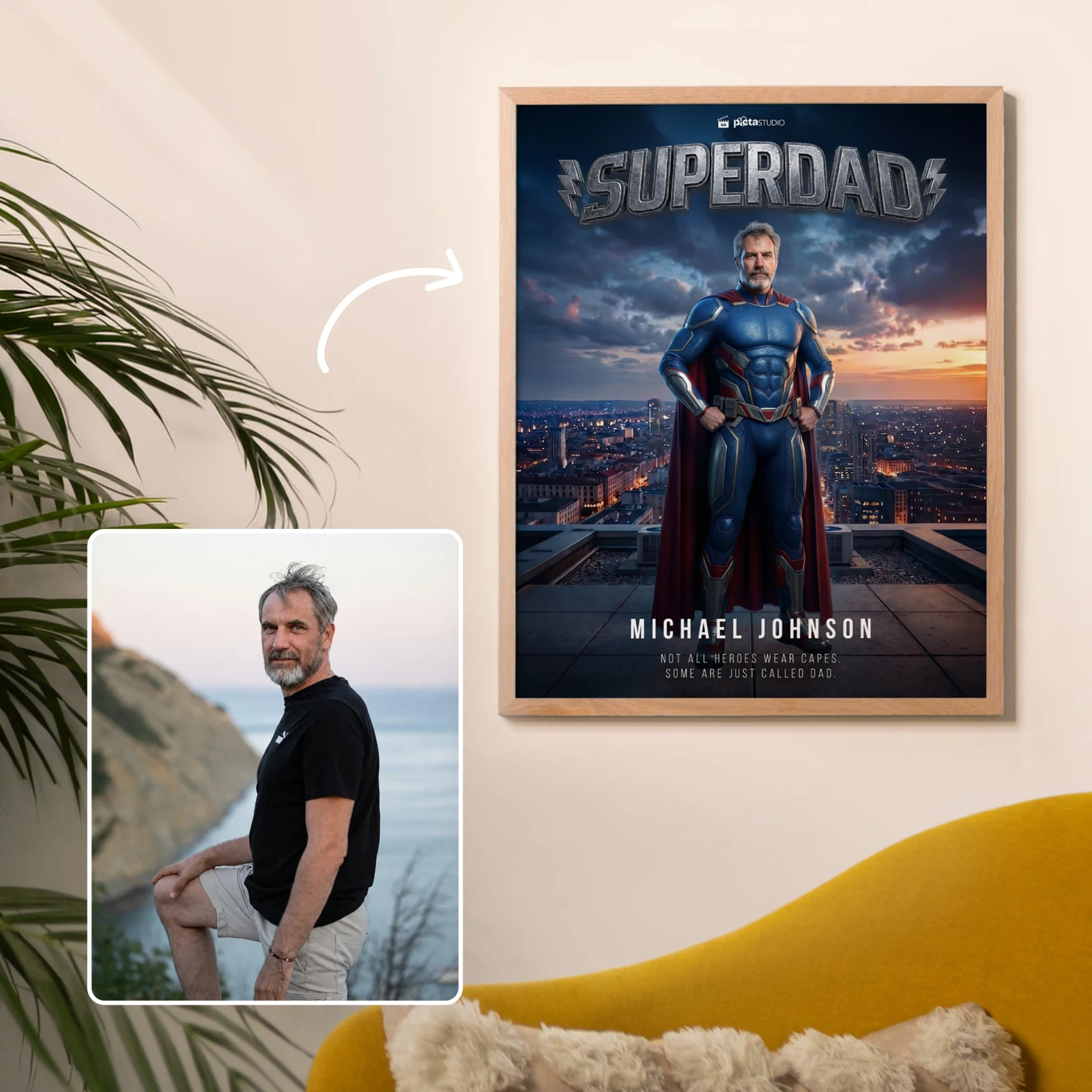 A Superdad superhero poster made from a photo, framed