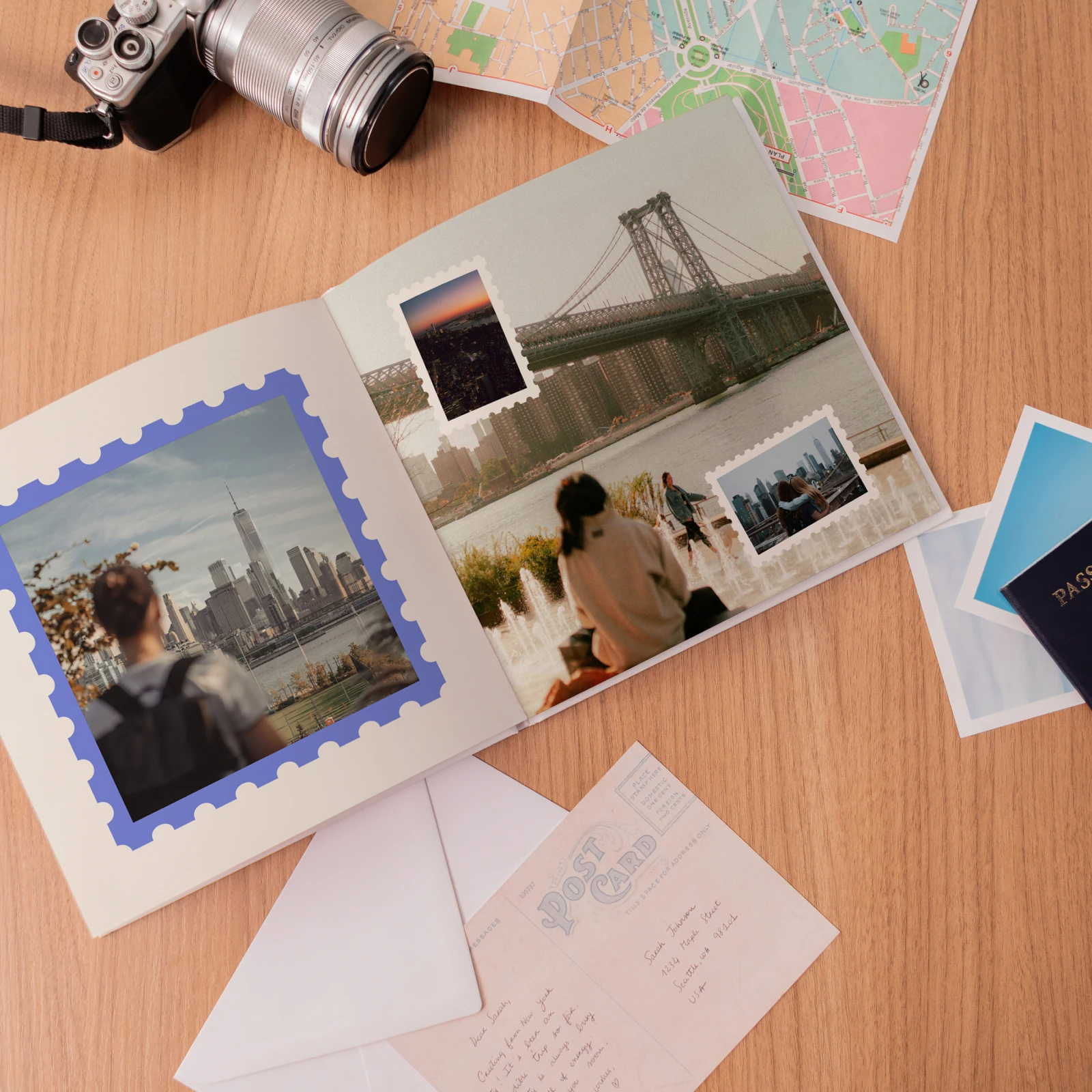 An open Travel Book spread laid out with New York City photos